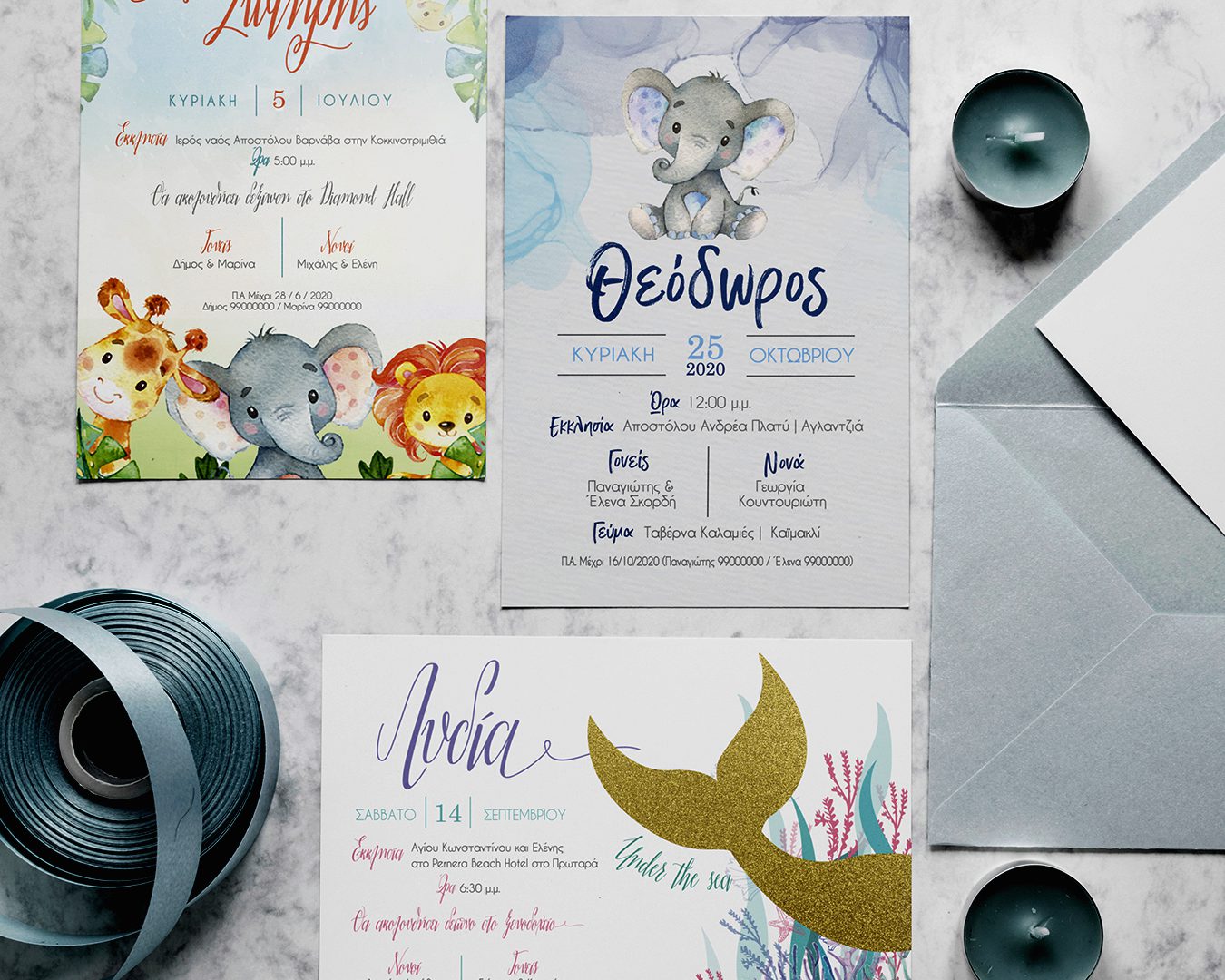 three invitations with illustrated animals in blue tones.