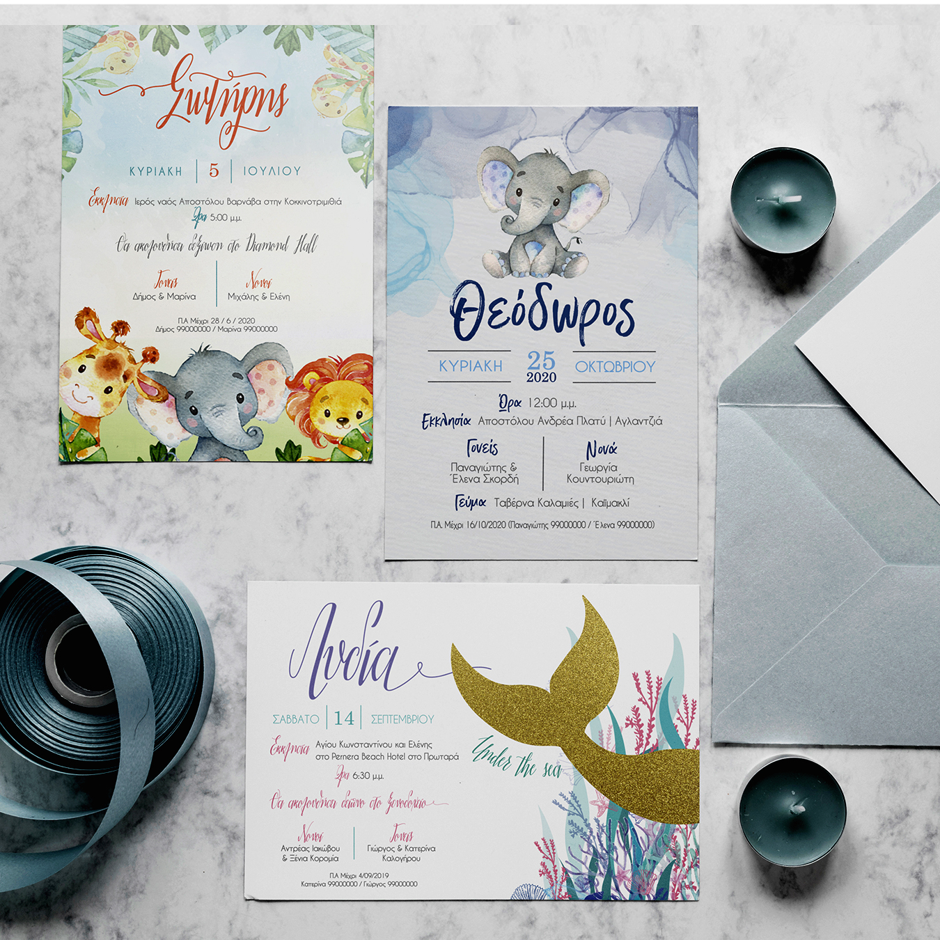 three invitations with illustrated animals in blue tones.